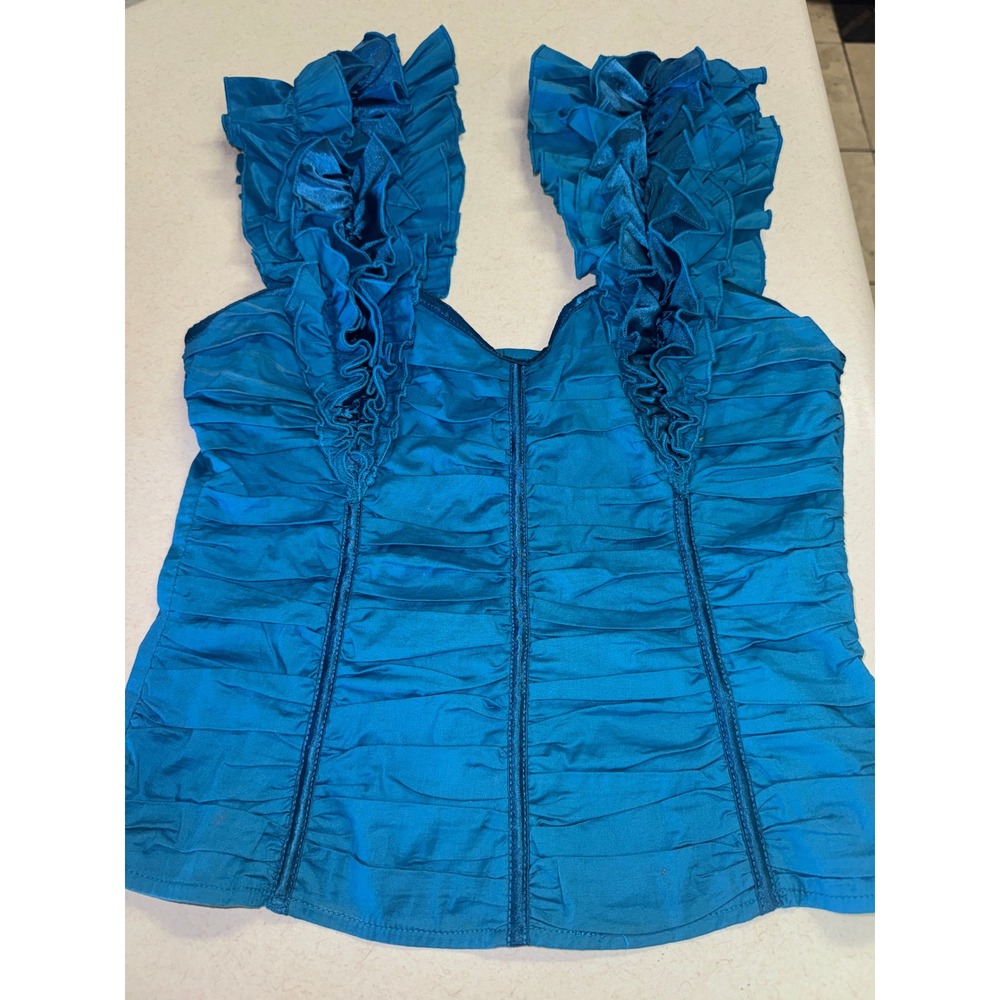 Gracia Fashion Teal‎ Blue Ruffle Corset Top Lace Up Back Ruched Sleeveless Small